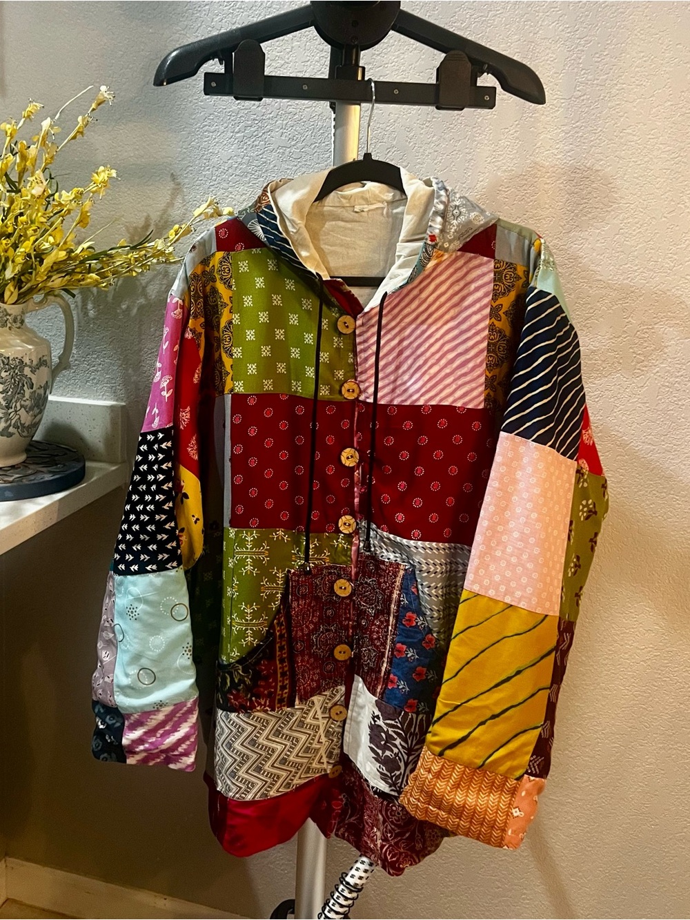 Sacred Threads Multicolor Patchwork Hooded Bomber Jacket with Wooden Buttons